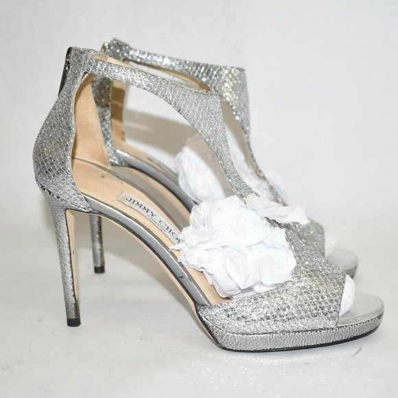 $900 JIMMY CHOO Lana Sandal GLITTER SILVER T-STRAPS 100MM PLATFORM 37.5 (B27) - Picture 4 of 11